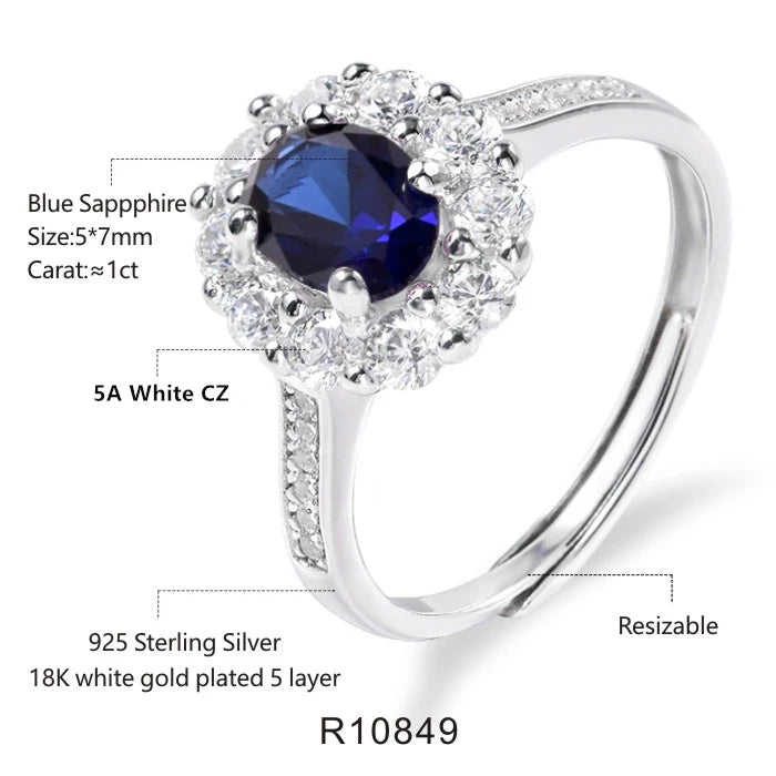 Bague ajustable en argent sterling 925 avec pierres précieuses synthétiques
